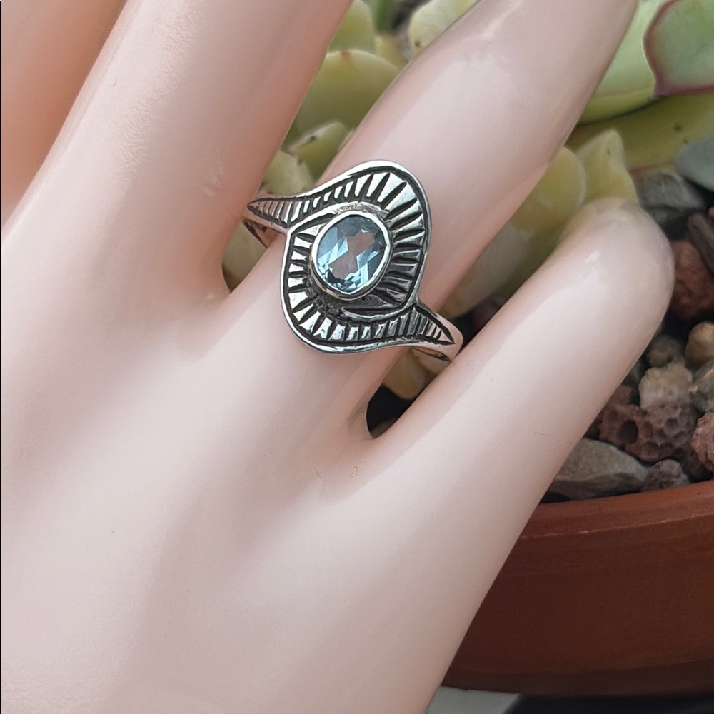 Genuine Natural Blue Topaz Oval Bezel Solitaire Ring Sterling Silver Size 8.5